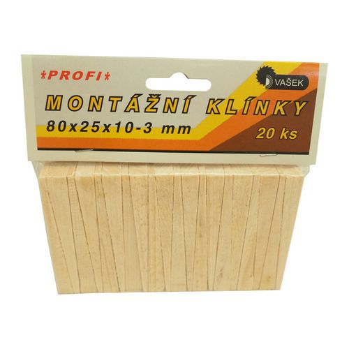 Kliny drewniane, montażowe, 20 szt. - Kliny drewniane, montażowe, opakowanie 20 szt., 80 x 25 x 10 – 3 mm