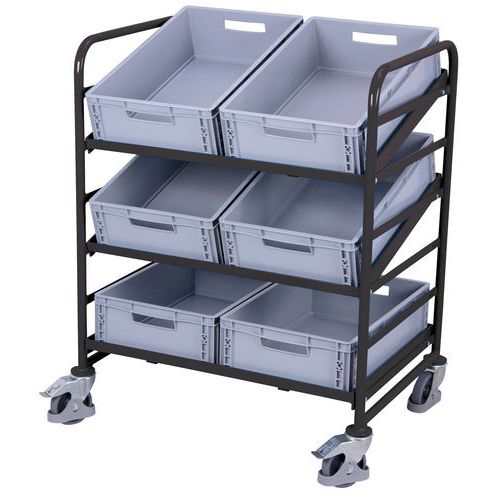 Wózek regałowy Euro z pojemnikami i półkami skośnymi, 3 półki, 93,5 x 66,5 x 112,5 cm - Wózek regałowy Euro z pojemnikami i półkami skośnymi, 3 półki,